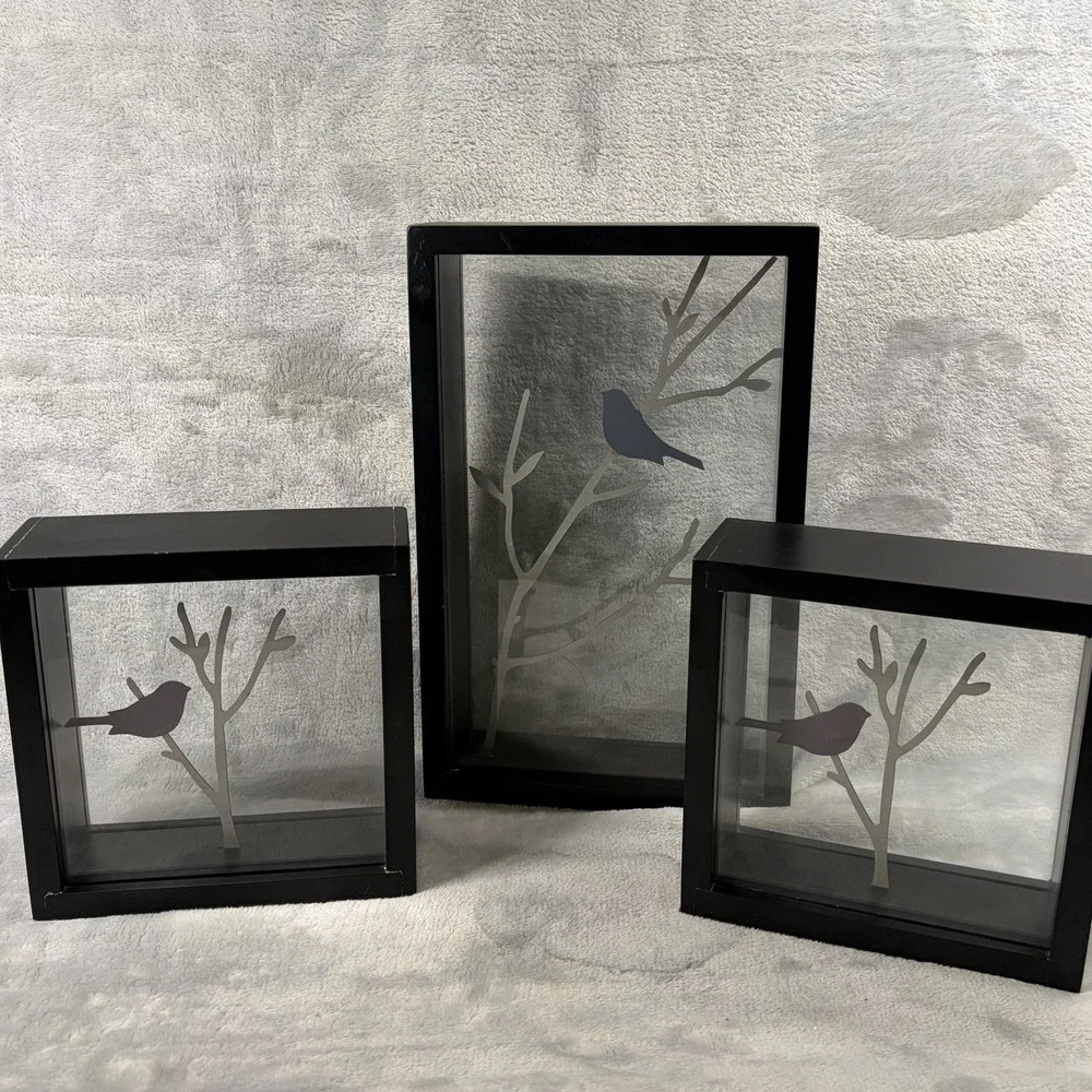 Bird Silhouette Shadow Box Decor Set of 3 Black Frame Glass Branch Modern